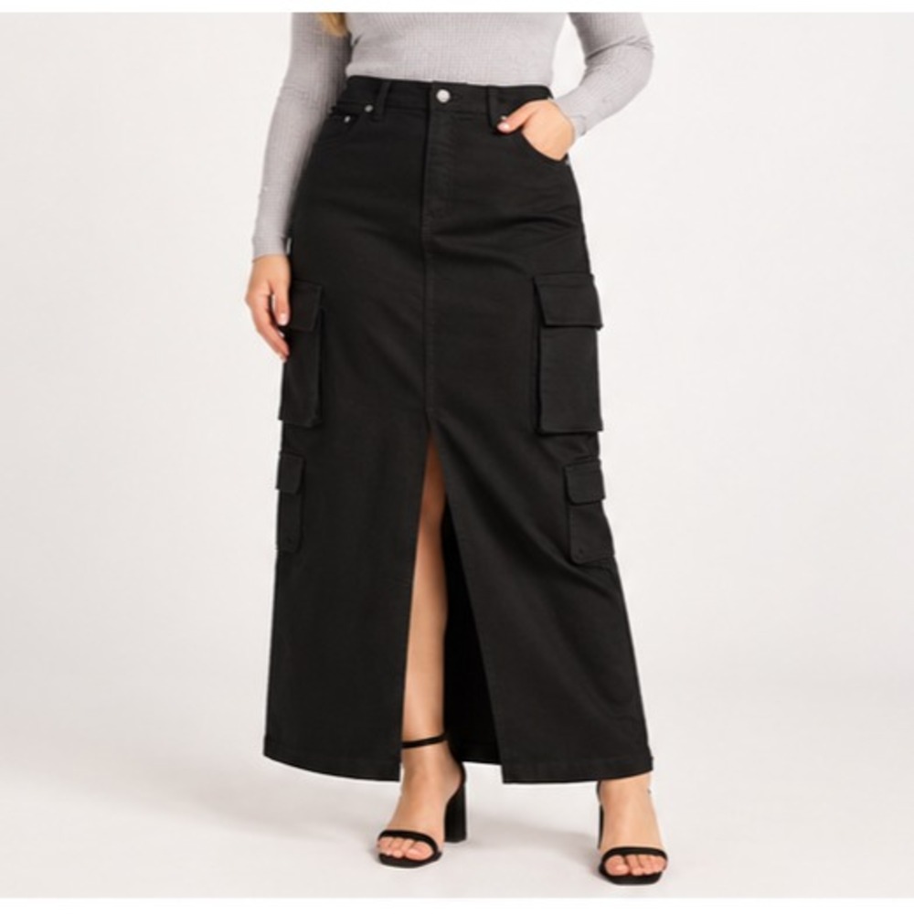 Scoop Womens Denim Cargo Maxi Skirt Size 14 Black High Rise Front Slit Pockets